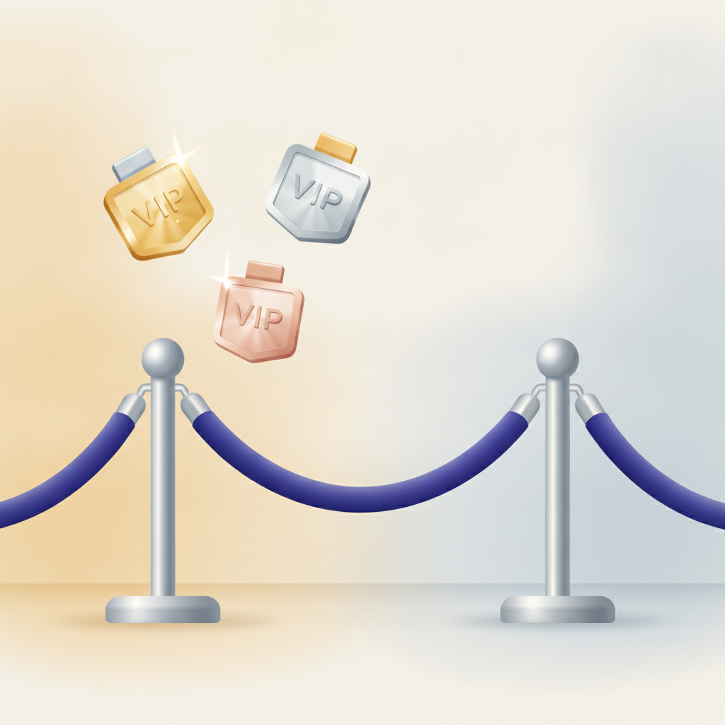 An abstract illustration of a velvet rope dividing a storefront, with VIP badges floating on the exclusive side