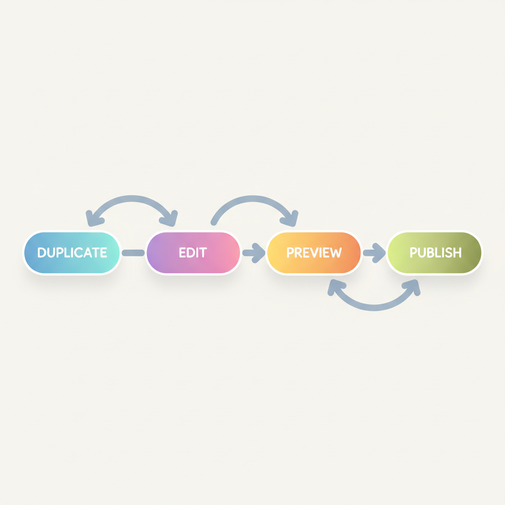 A simple flowchart with four colored nodes — Duplicate, Edit, Preview, Publish — connected by arrows on a light background