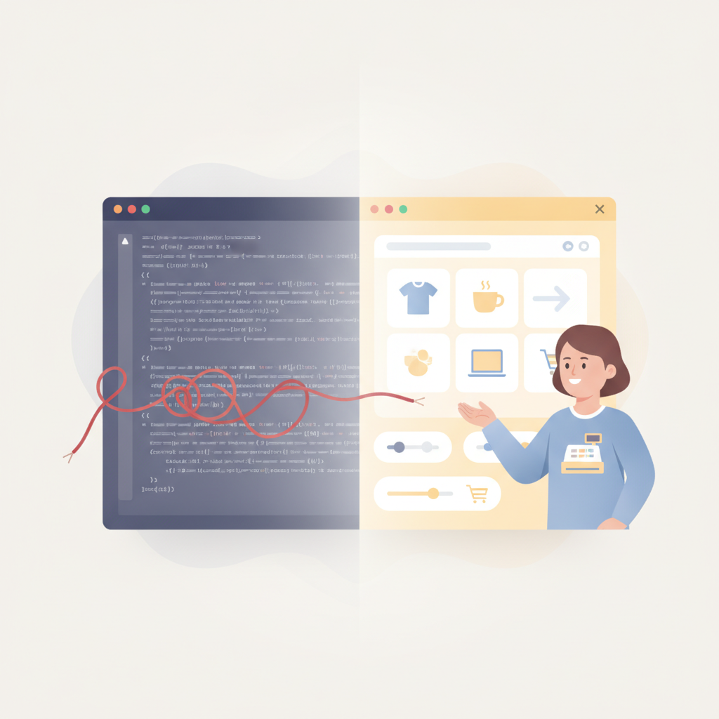 A split-screen illustration showing a clunky code editor on the left and a clean visual editor with a smiling merchant on the right
